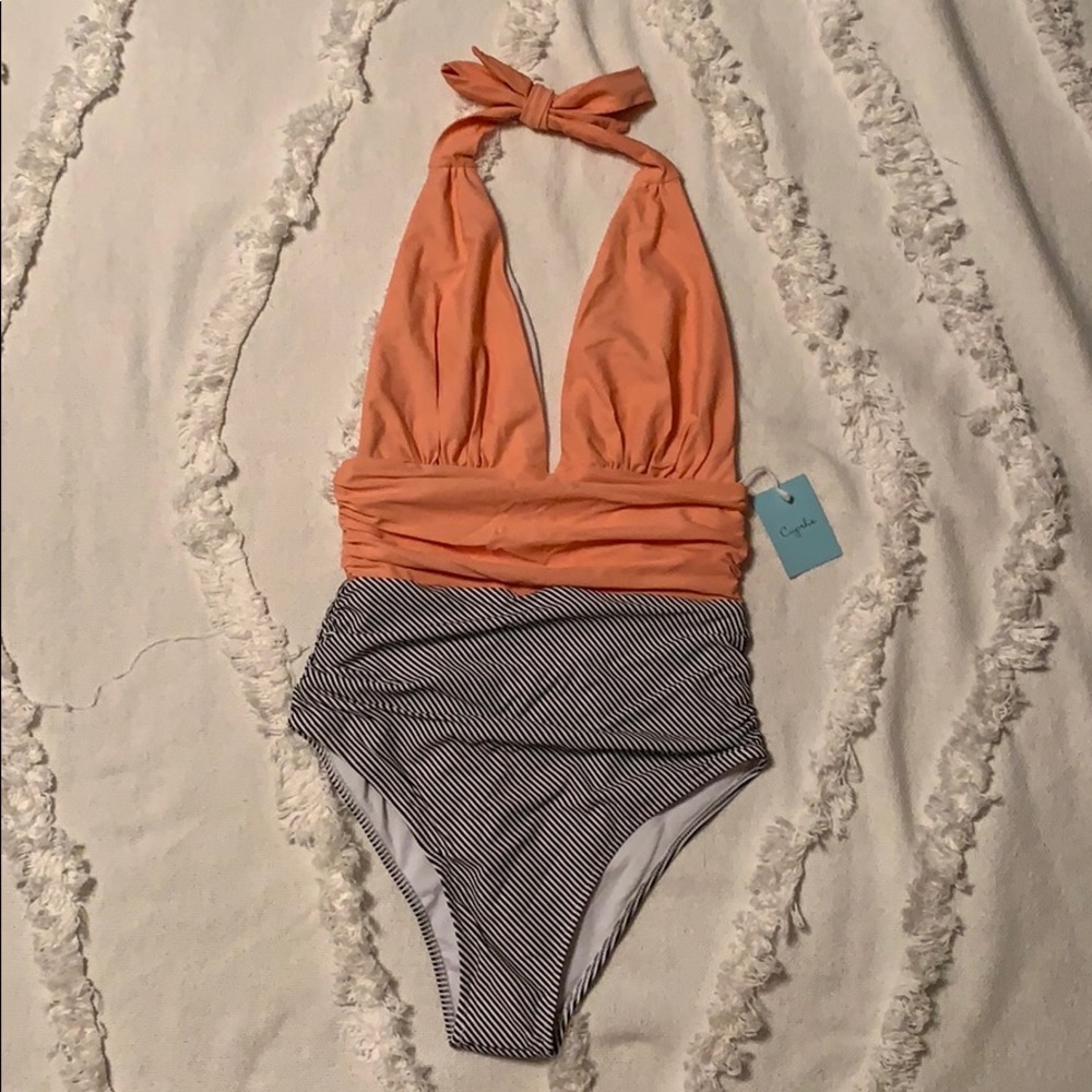 Cupshe Coral & Black/White Stripe Halter Swimsuit